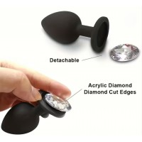 Anal Plug w/Clear Removeable Jewel, Silicone, MEDIUM, BLACK Anal Plug w/Clear Removeable Jewel, Silicone, MEDIUM, BLACK